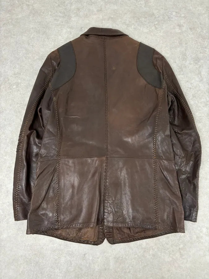 SS2003 Marithé + François Girbaud Brown Leather Plissed Blazer Jacket HukcOLp 5