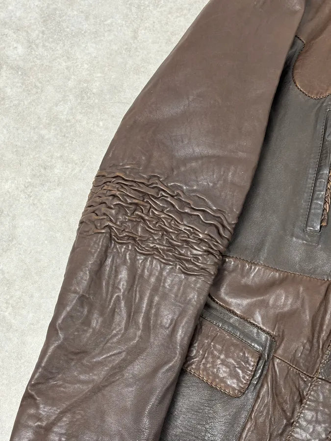SS2003 Marithé + François Girbaud Brown Leather Plissed Blazer Jacket HukcOLp 8