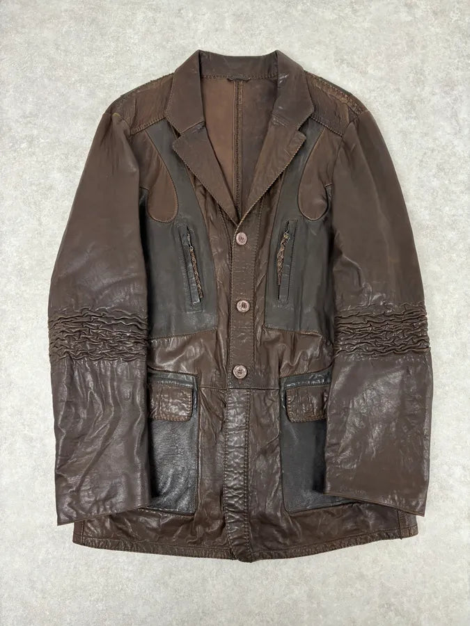 SS2003 Marithé + François Girbaud Brown Leather Plissed Blazer Jacket HukcOLp 0
