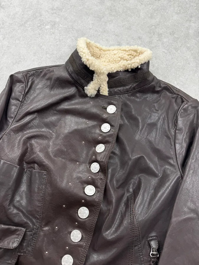 AW2003 Marithé + François Girbaud Brown Sherpa Collar Asymmetrical Leather Jacket afUoqZQ 4