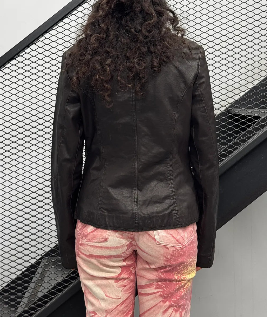 AW2003 Marithé + François Girbaud Brown Sherpa Collar Asymmetrical Leather Jacket afUoqZQ 2