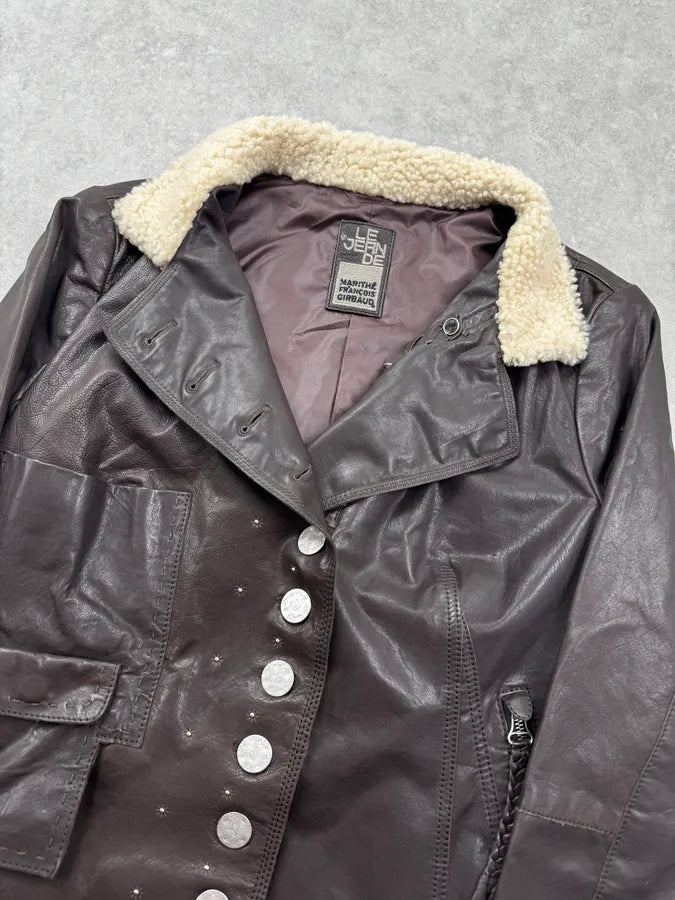 AW2003 Marithé + François Girbaud Brown Sherpa Collar Asymmetrical Leather Jacket afUoqZQ 5