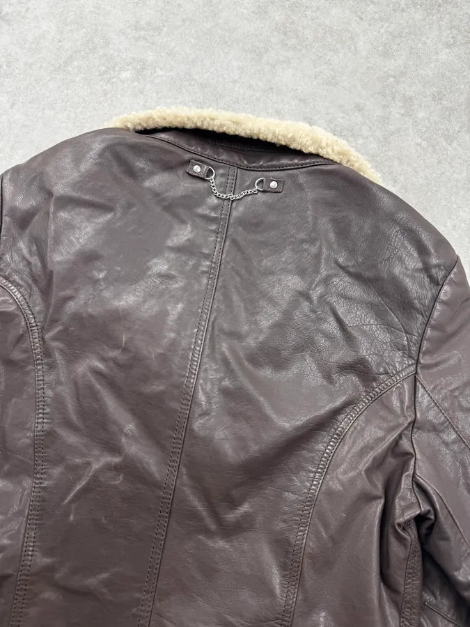 AW2003 Marithé + François Girbaud Brown Sherpa Collar Asymmetrical Leather Jacket afUoqZQ 6