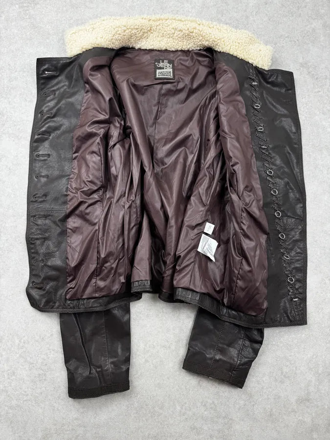 AW2003 Marithé + François Girbaud Brown Sherpa Collar Asymmetrical Leather Jacket afUoqZQ 7