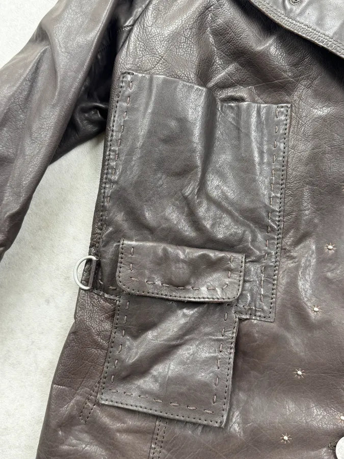 AW2003 Marithé + François Girbaud Brown Sherpa Collar Asymmetrical Leather Jacket afUoqZQ 8