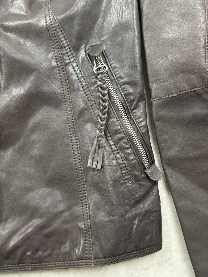 AW2003 Marithé + François Girbaud Brown Sherpa Collar Asymmetrical Leather Jacket afUoqZQ 10