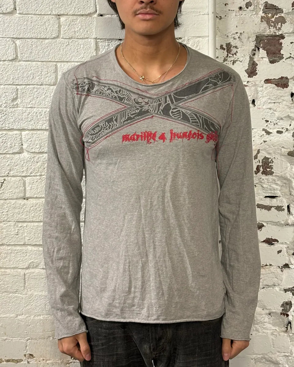 1990s Marithé + François Girbaud Grey Graphic Longsleeve T-Shirt UCbFbJr 0