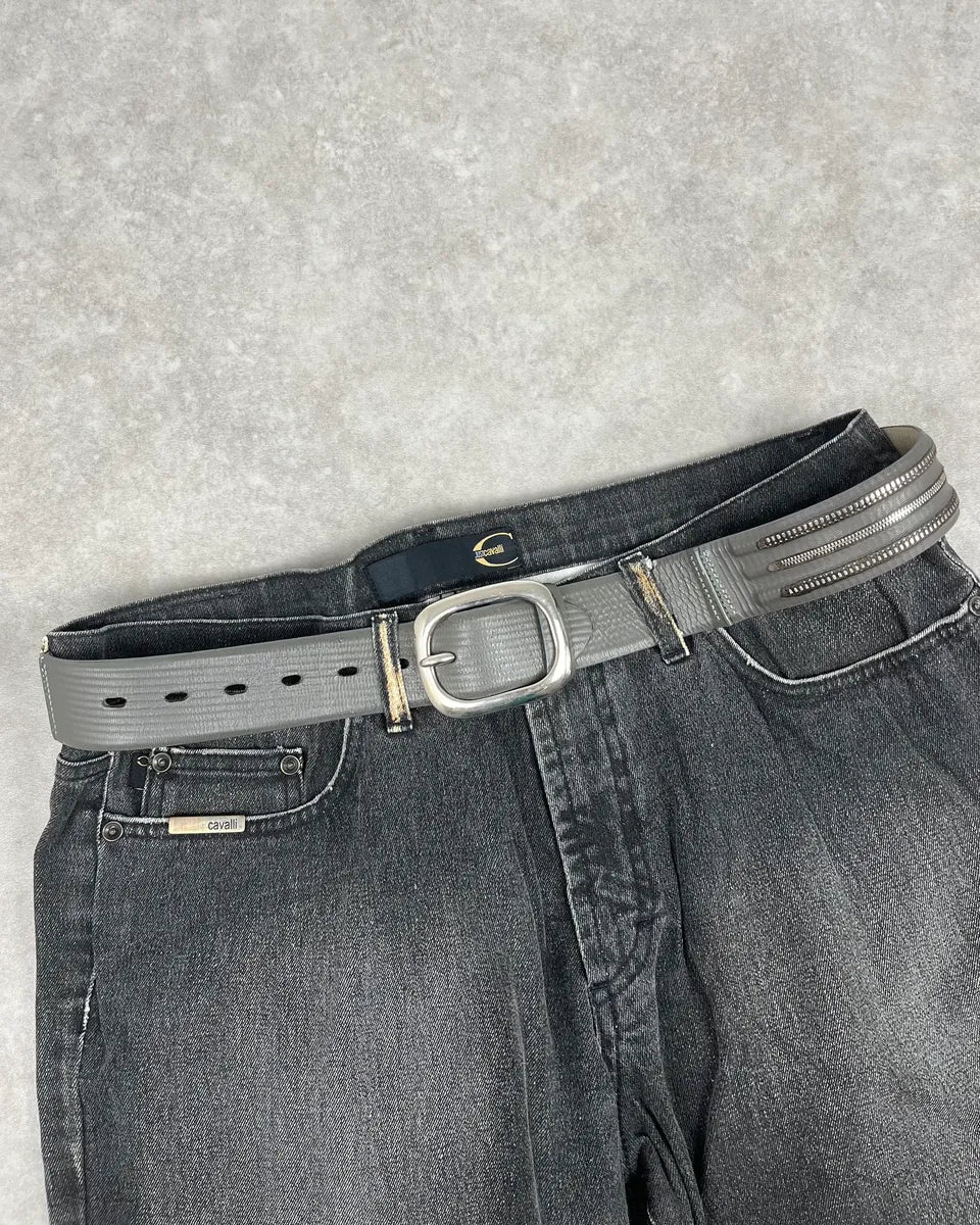 1990s Marithé + François Girbaud Grey Leather Dual Zip Belt SYlEEEX 0