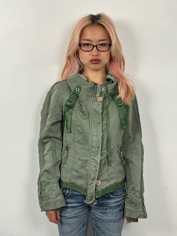 2000s Marithé + François Girbaud Olive Flowers Bondage Jacket BtwDgHz 1
