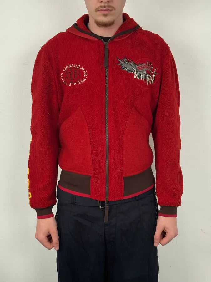 1990s Marithé + François Girbaud Red Fleece Embroidered Zip Jacket HQOELrU 1