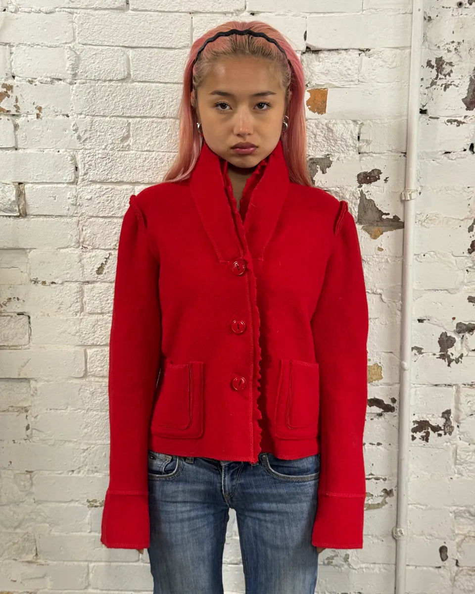1990s Marithé + François Girbaud Red Wool Scalloped Collar Jacket chMRgkH 1
