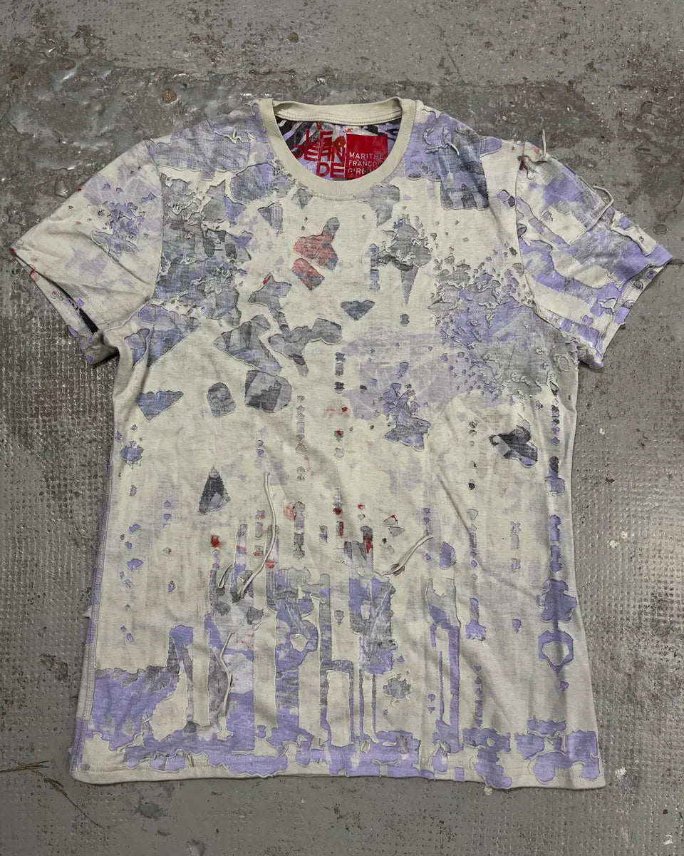 1990s Marithé & François Girbaud White & Purple Distressed T-Shirt GRUXzgd 0