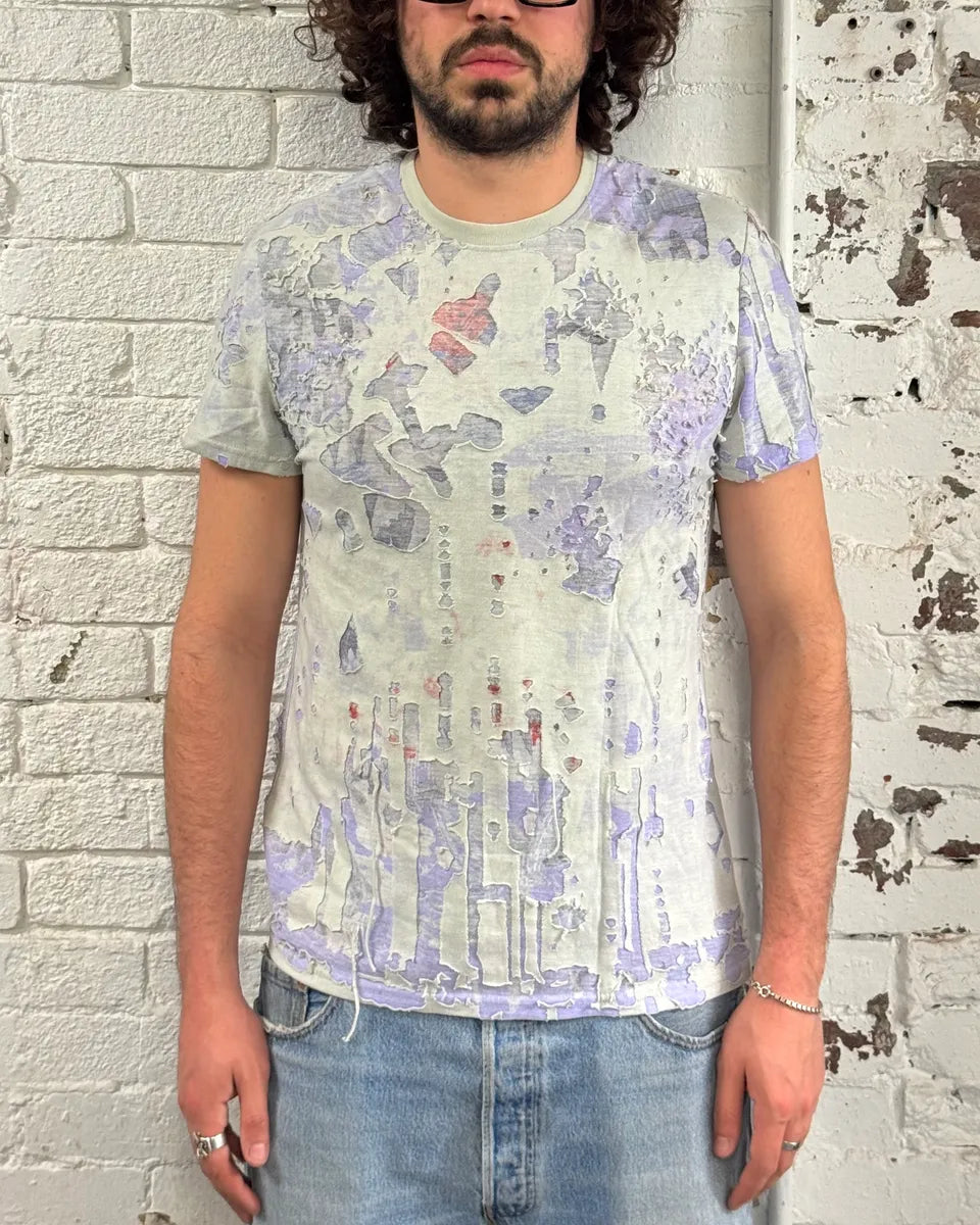 1990s Marithé & François Girbaud White & Purple Distressed T-Shirt GRUXzgd 1