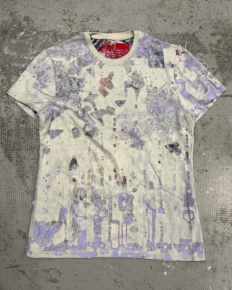 1990s Marithé & François Girbaud White & Purple Distressed T-Shirt GRUXzgd 3