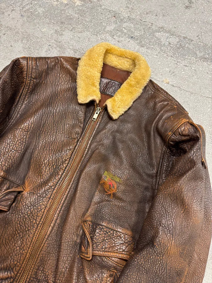 1990s Marithé + François Girbaud x Les Millésimes Brown Grained Leather Bomber Jacket (L) 1