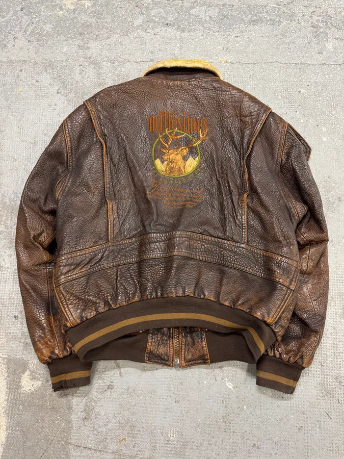 1990s Marithé + François Girbaud x Les Millésimes Brown Grained Leather Bomber Jacket (L) 2
