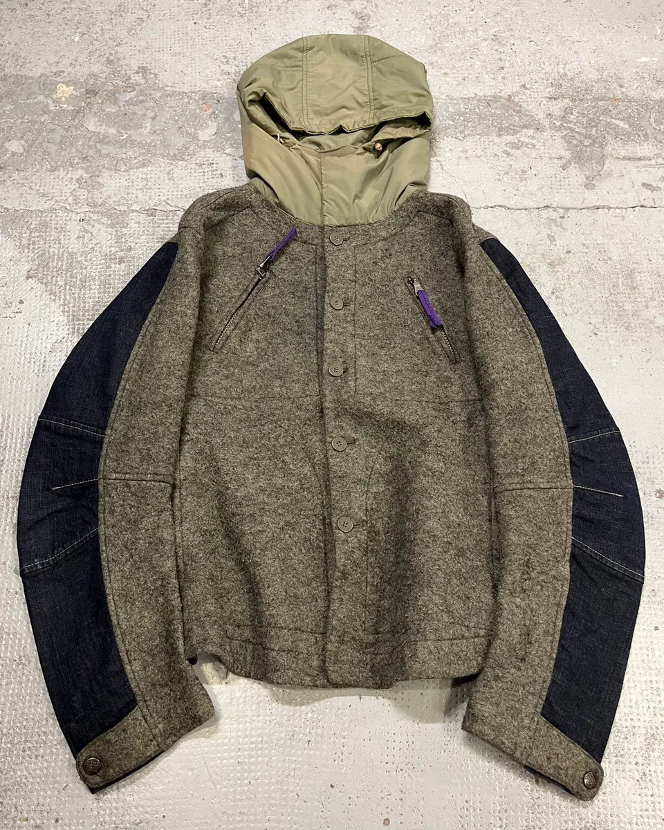 1990s Marithé et François Girbaud Khaki Wool & Denim Sleeves Jacket  ujgayOS 0