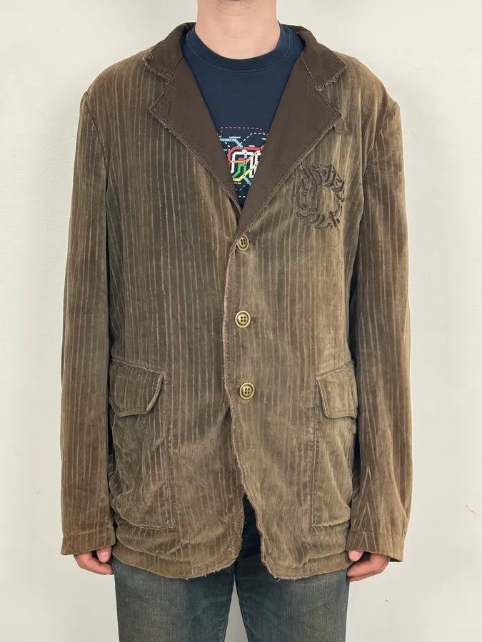 1990s Marithé & François Girbaud Taupe Corduroy Embroidered Multi-Pocket Blazer Jacket fKfGoHq 1