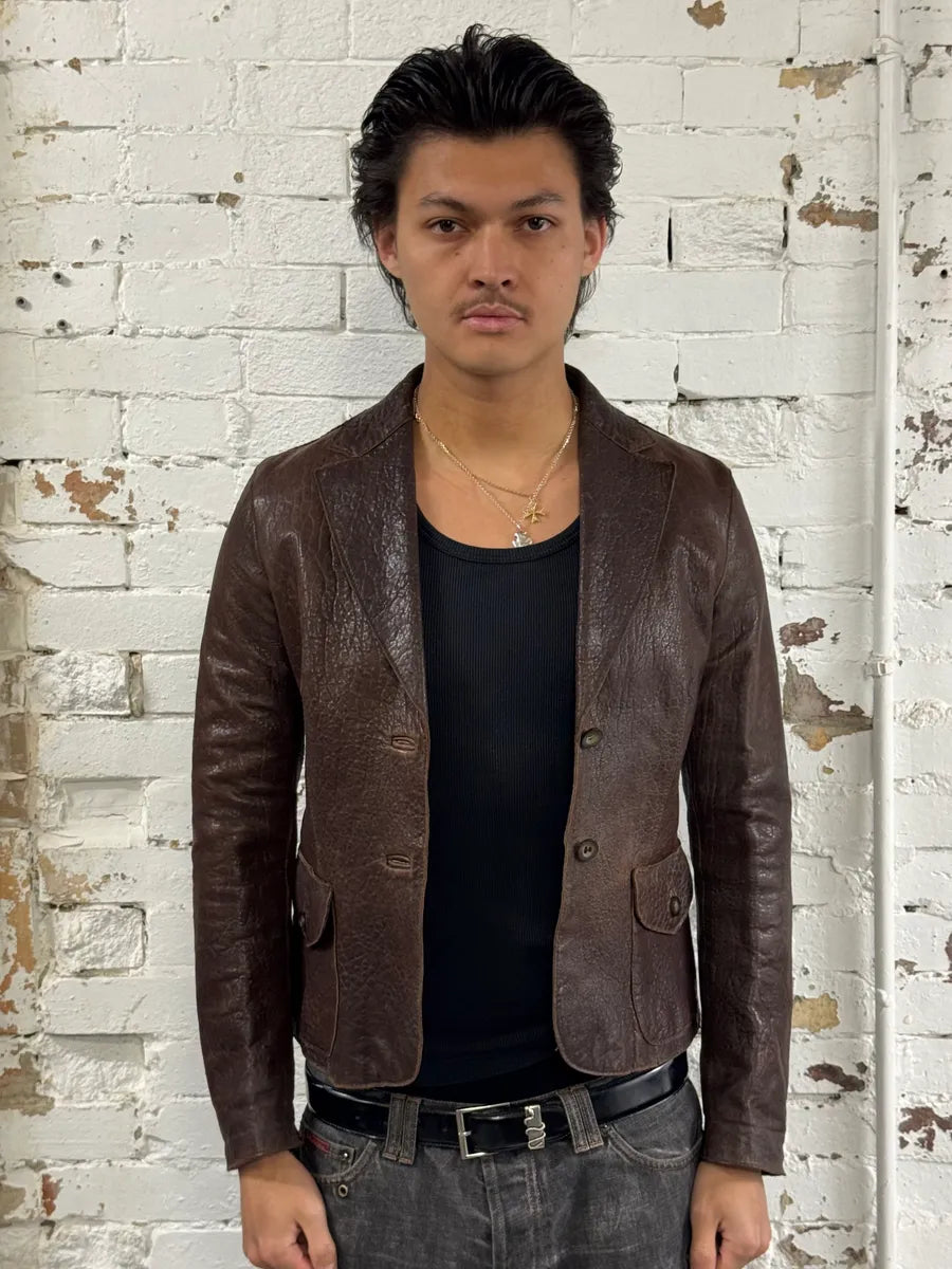 1990s Massimo Rebecchi Textured Brown Leather Blazer Jacket XJIOpbe 1