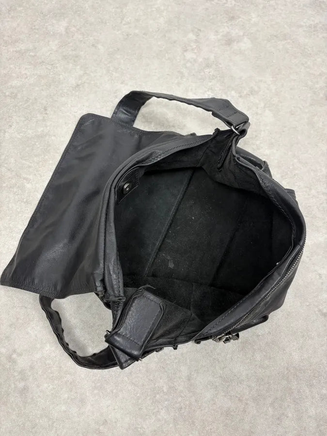 1990s Miu Miu Black Minimalist Leather Messenger Bag VEJLMWP 6