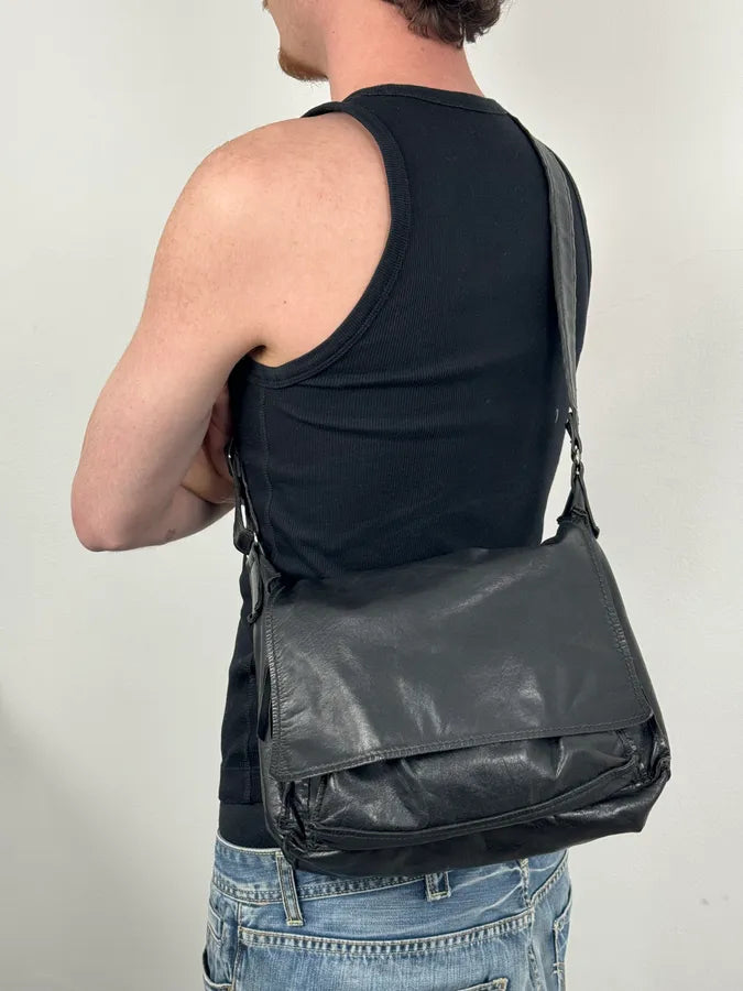 1990s Miu Miu Black Minimalist Leather Messenger Bag VEJLMWP 1