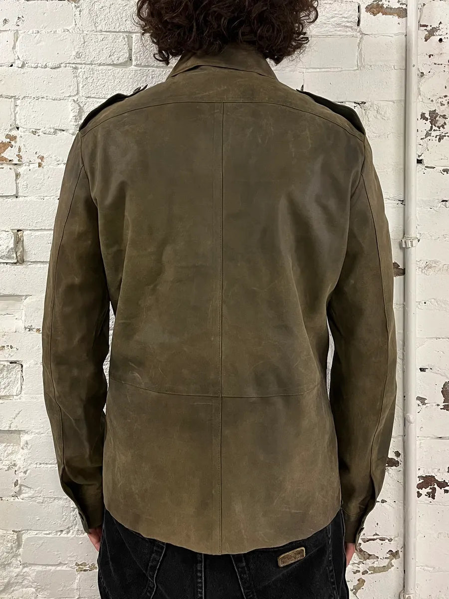 1990s Miu Miu Military Brown Suede Leather Trucker Jacket lKLDNiG 1