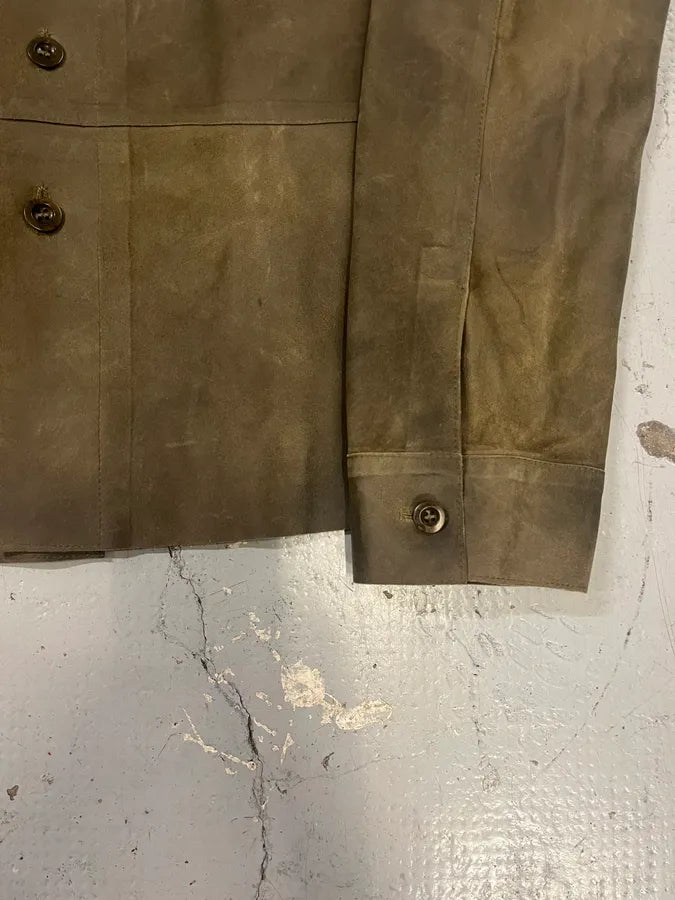 1990s Miu Miu Military Brown Suede Leather Trucker Jacket lKLDNiG 6