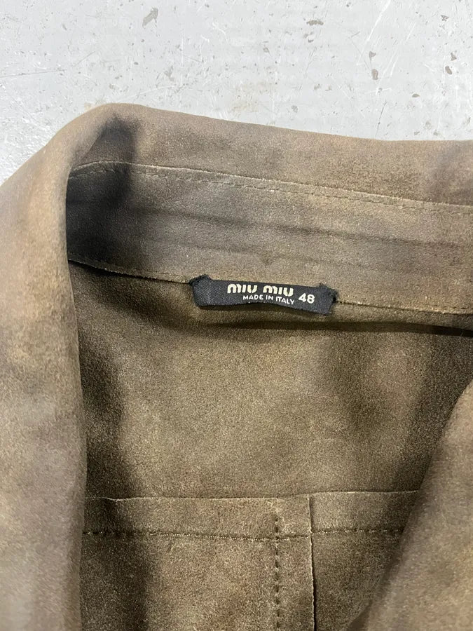 1990s Miu Miu Military Brown Suede Leather Trucker Jacket lKLDNiG 9