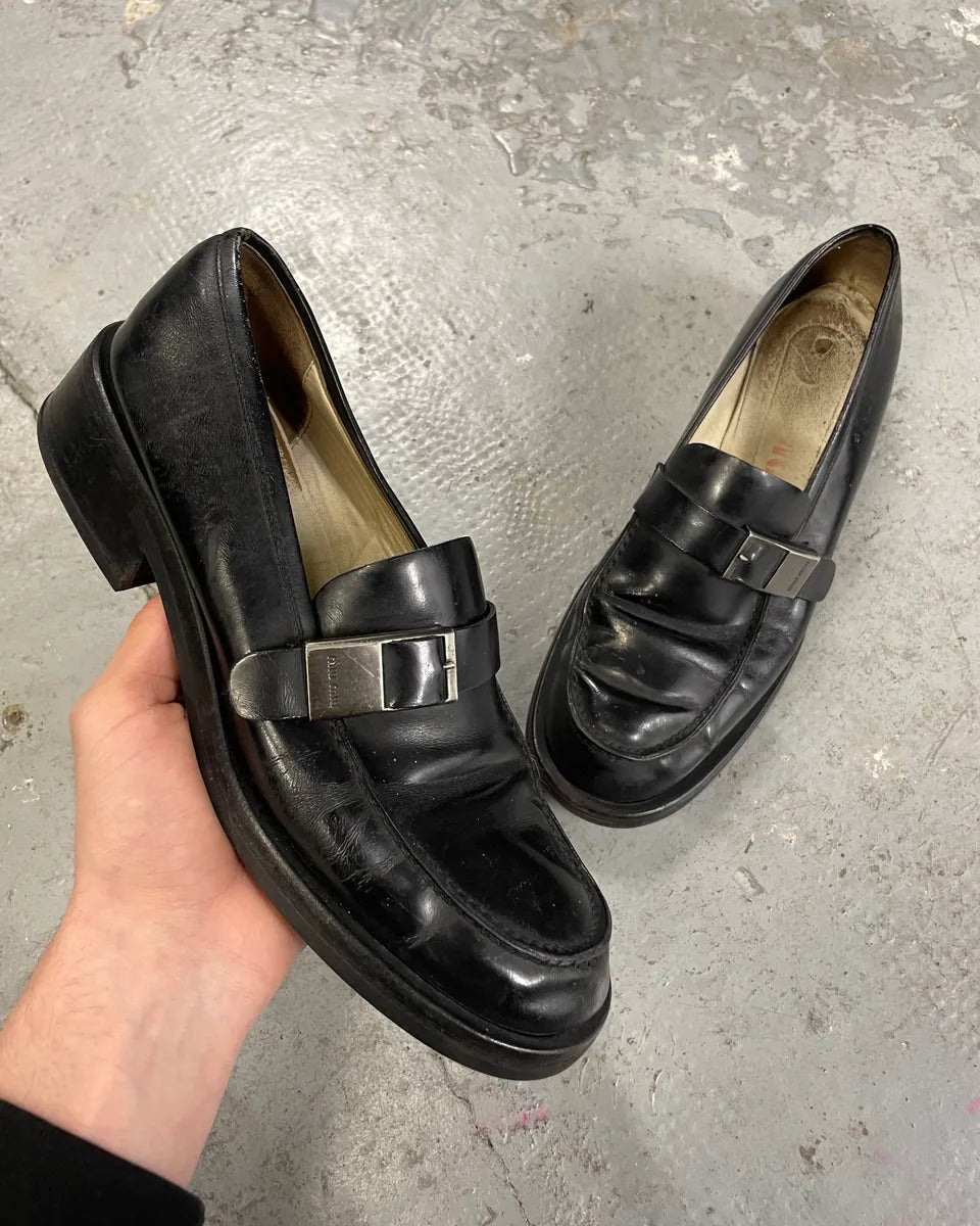 1990s MiuMiu Buckle Black Leather Loafers (39eu/us6.5) 0