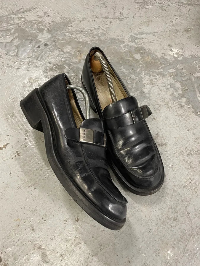 1990s MiuMiu Buckle Black Leather Loafers (39eu/us6.5) 3