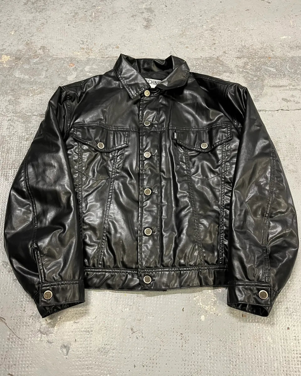 1990s Moschino Black Trucker Eco Leather Jacket CFbYchF 0