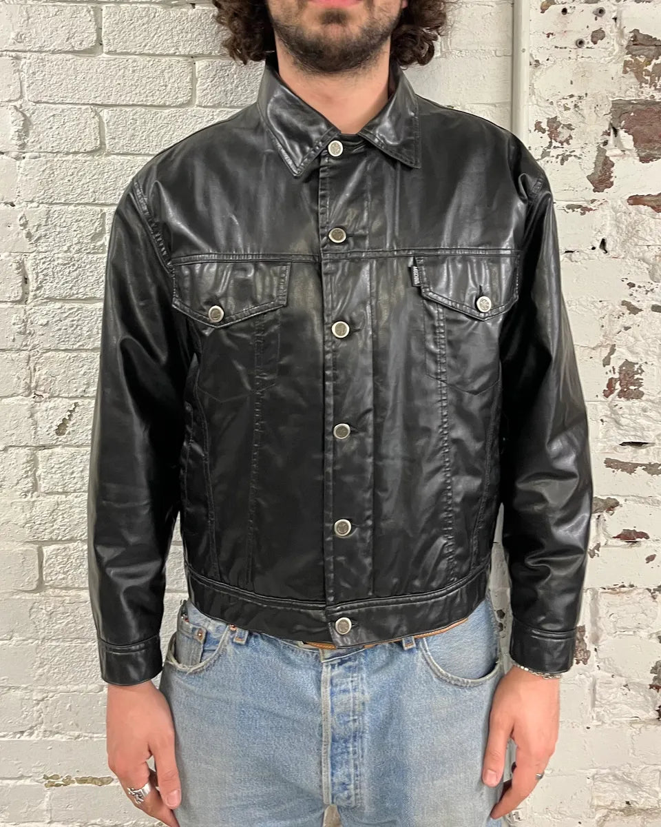 1990s Moschino Black Trucker Eco Leather Jacket CFbYchF 1