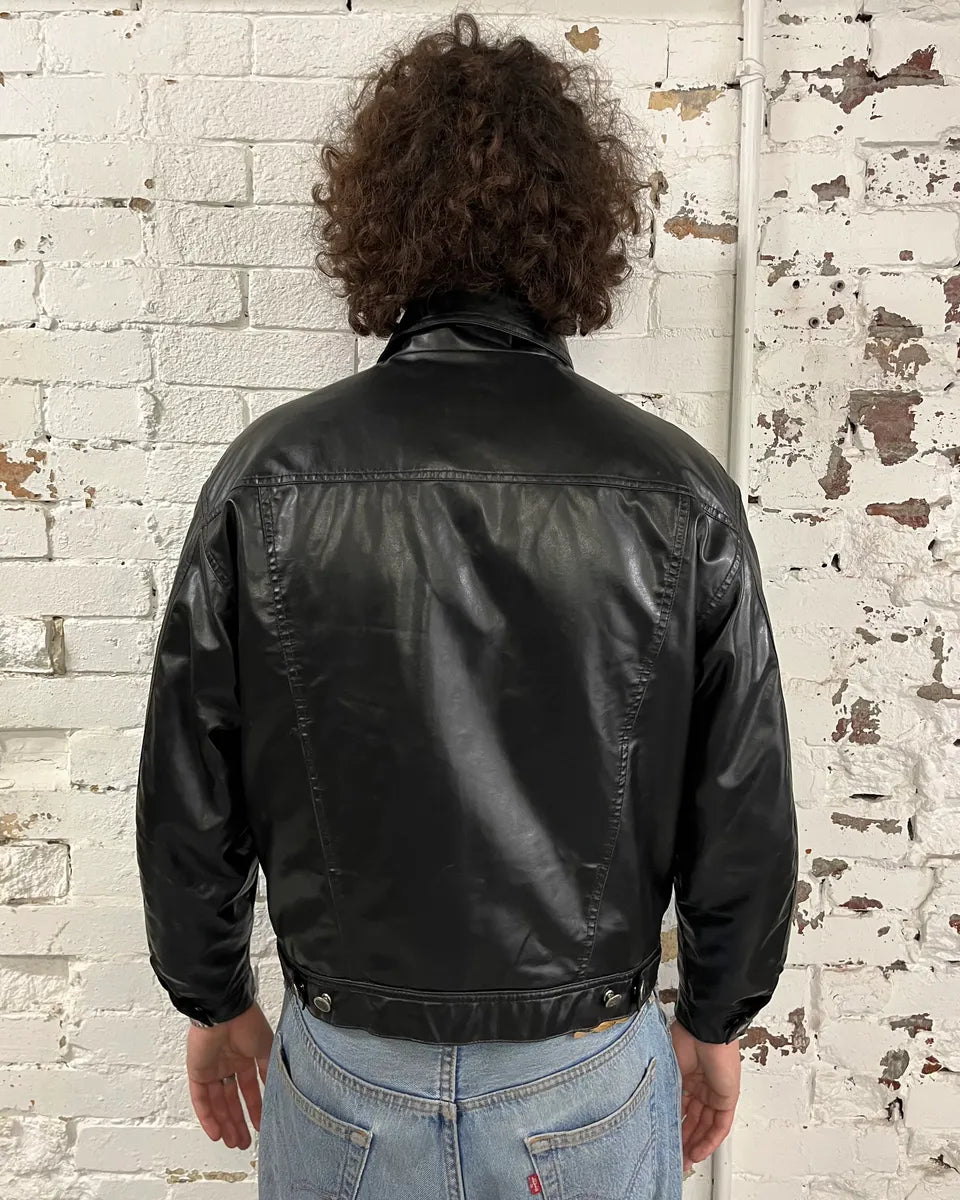1990s Moschino Black Trucker Eco Leather Jacket CFbYchF 2