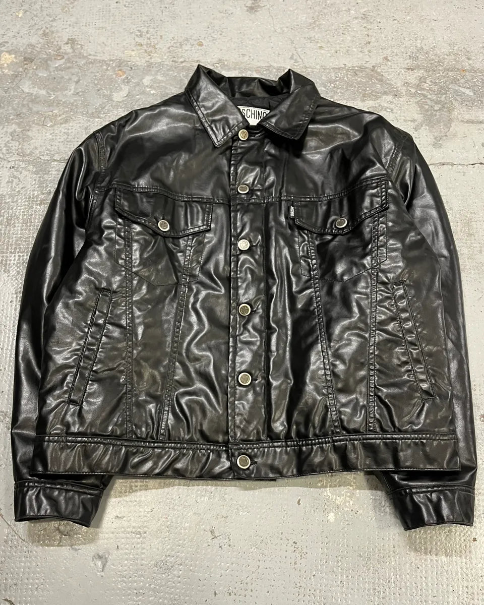 1990s Moschino Black Trucker Eco Leather Jacket CFbYchF 3