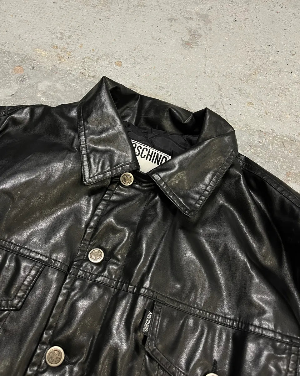 1990s Moschino Black Trucker Eco Leather Jacket CFbYchF 4
