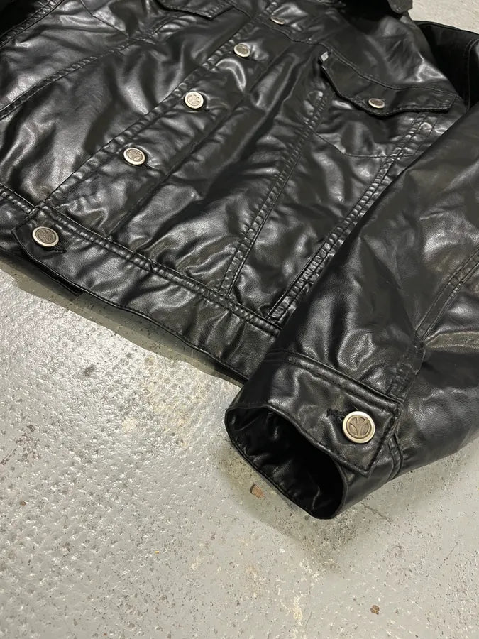 1990s Moschino Black Trucker Eco Leather Jacket CFbYchF 5