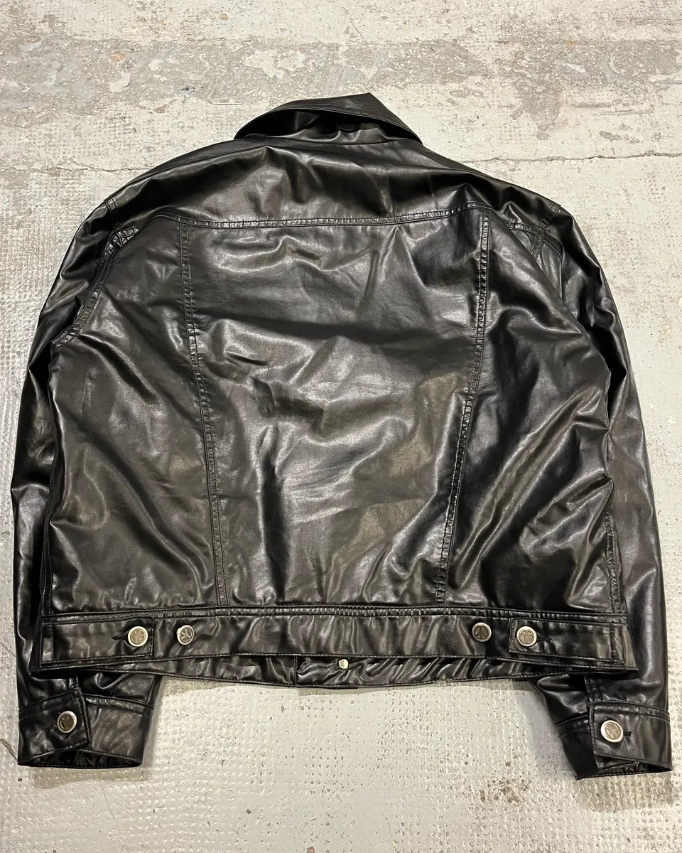 1990s Moschino Black Trucker Eco Leather Jacket CFbYchF 6