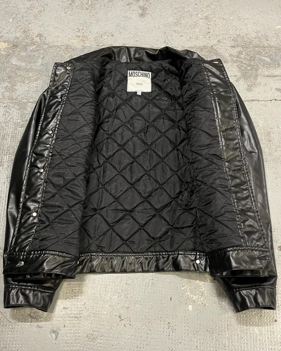 1990s Moschino Black Trucker Eco Leather Jacket CFbYchF 7