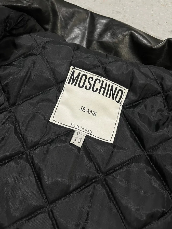 1990s Moschino Black Trucker Eco Leather Jacket CFbYchF 8