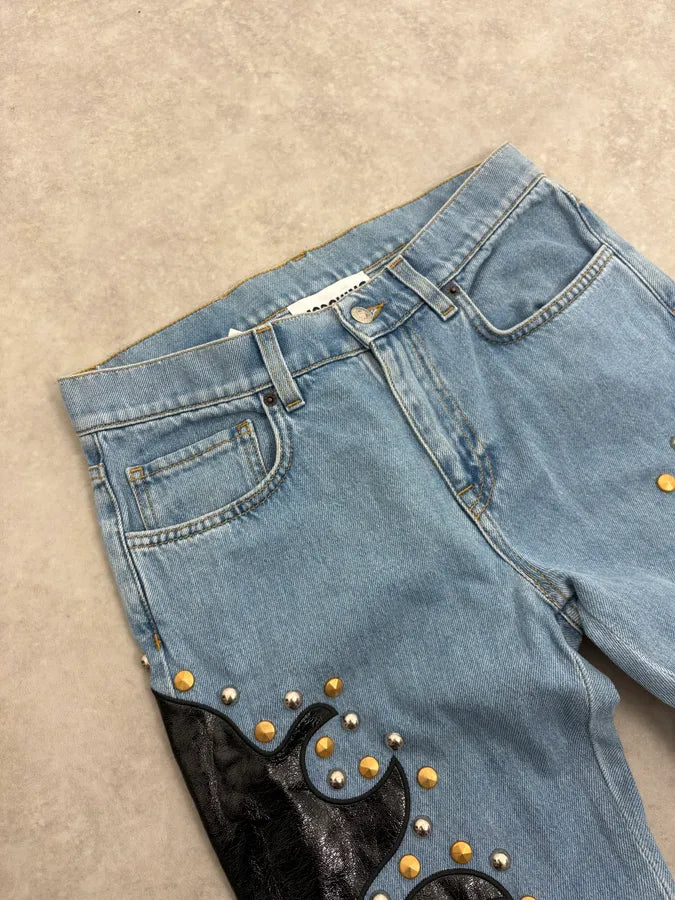 1990s Moschino Blue Denim & Black Leather Jeans QLMbiOo 5