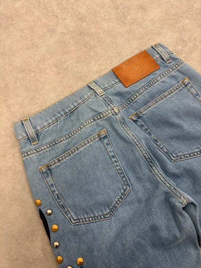 1990s Moschino Blue Denim & Black Leather Jeans QLMbiOo 7