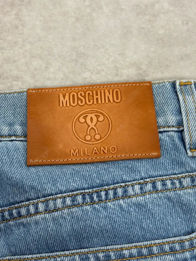 1990s Moschino Blue Denim & Black Leather Jeans QLMbiOo 10