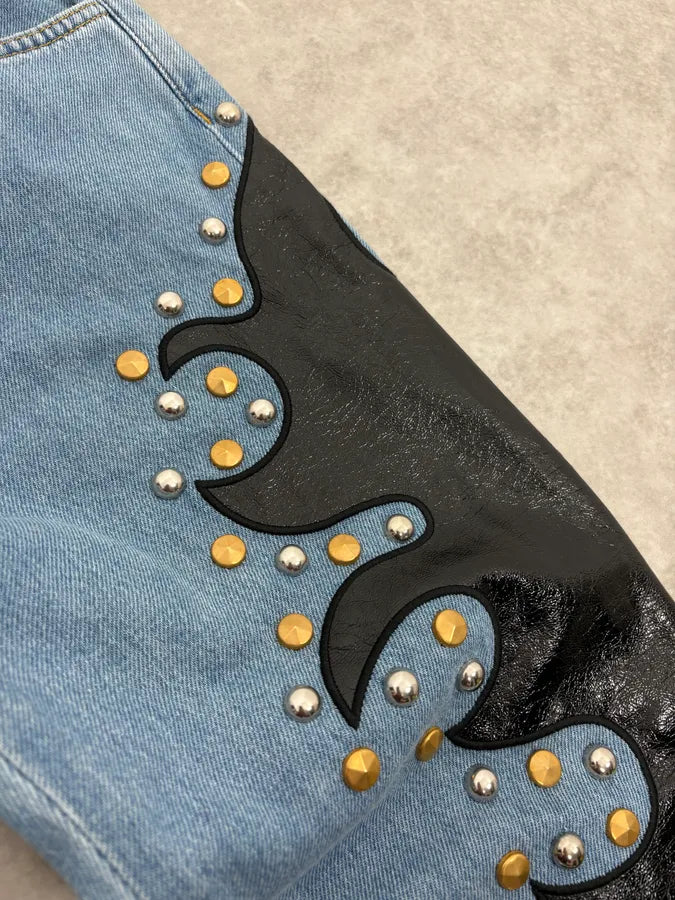 1990s Moschino Blue Denim & Black Leather Jeans QLMbiOo 8