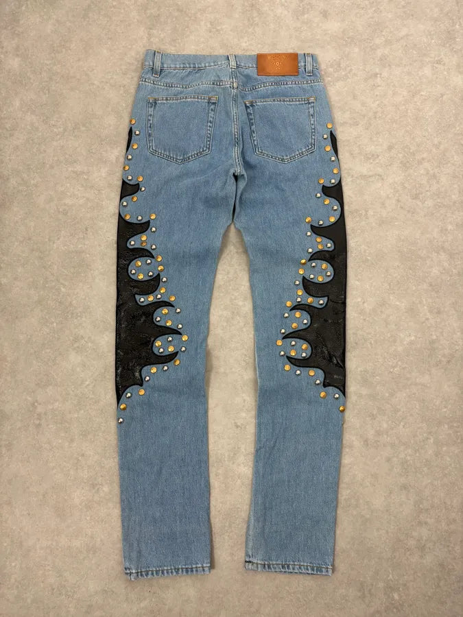 1990s Moschino Blue Denim & Black Leather Jeans QLMbiOo 6