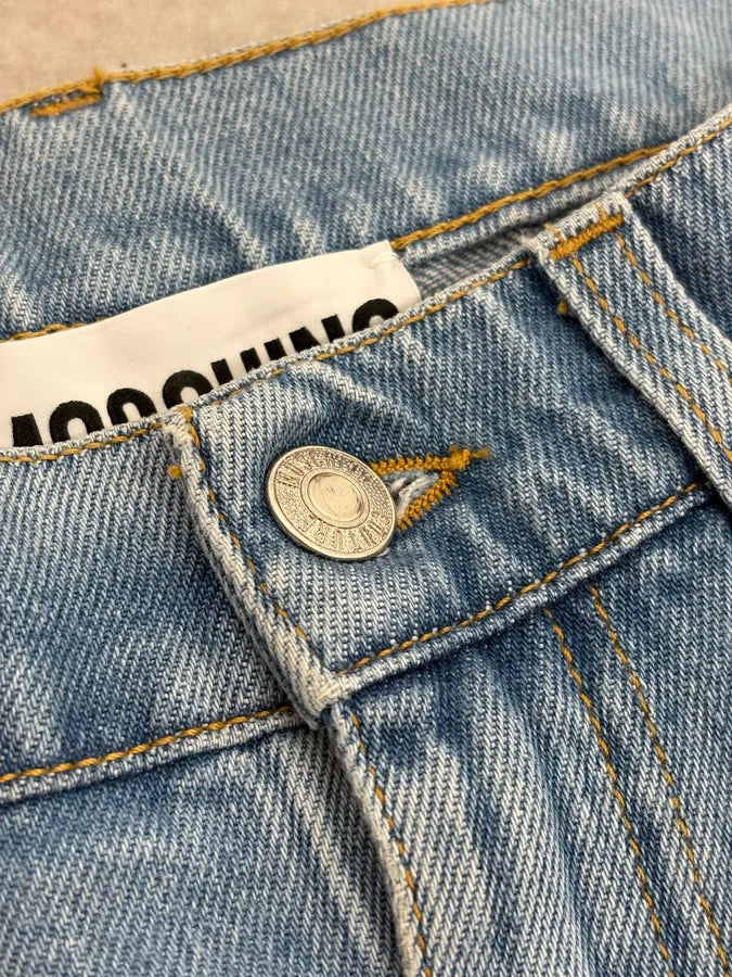 1990s Moschino Blue Denim & Black Leather Jeans QLMbiOo 9