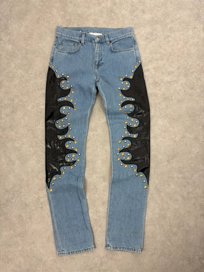 1990s Moschino Blue Denim & Black Leather Jeans QLMbiOo 0