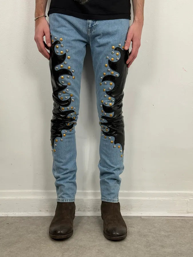 1990s Moschino Blue Denim & Black Leather Jeans QLMbiOo 1