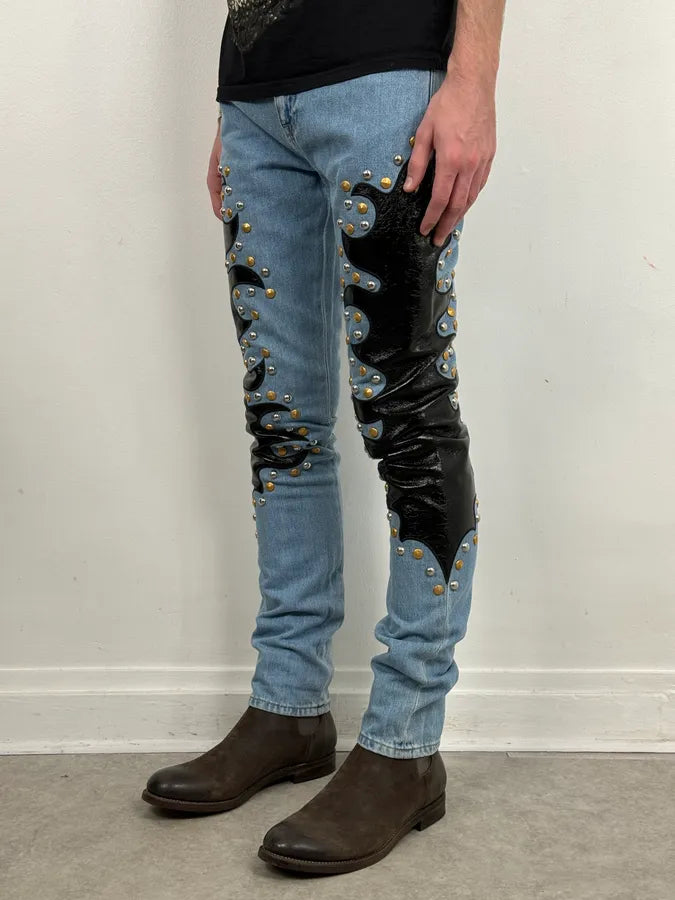 1990s Moschino Blue Denim & Black Leather Jeans QLMbiOo 2