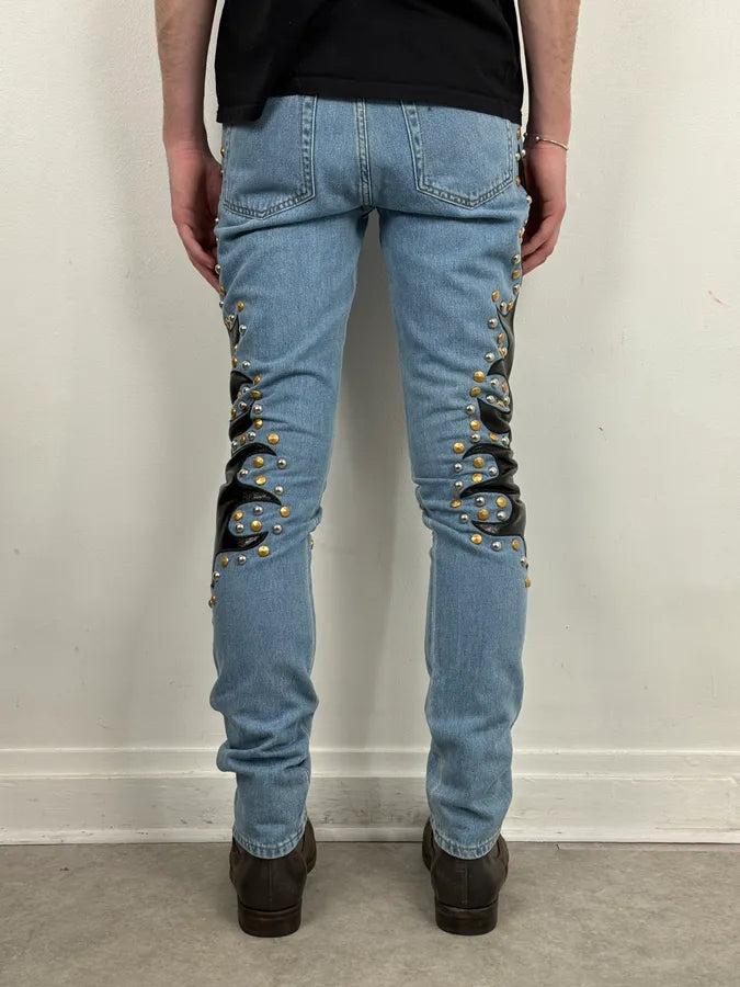 1990s Moschino Blue Denim & Black Leather Jeans QLMbiOo 3