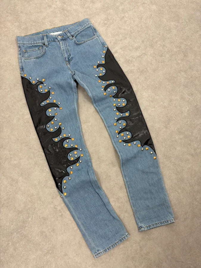 1990s Moschino Blue Denim & Black Leather Jeans QLMbiOo 4